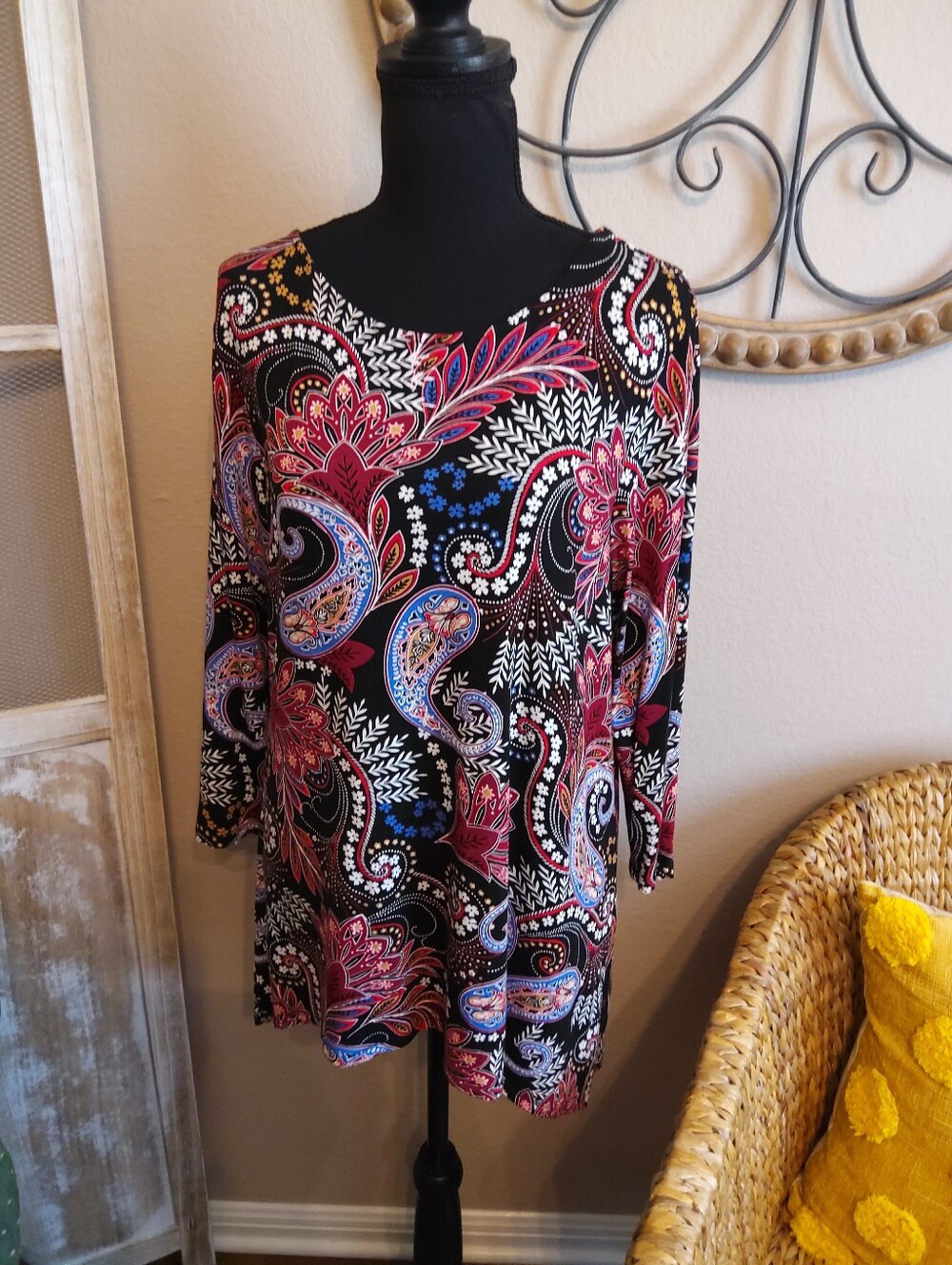 Ruby Rd. Black Paisley Print Long Sleeve Tunic with Pink and Blue Accents